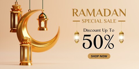 Fototapeta na wymiar Ramadan special sale golden lantern cream brown background banner.