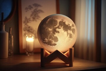Moon nightlight on a wooden stand. Generative AI