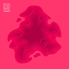 Abstract smooth origami shape red paper cut topographic background. Papercut multi layers color texture, curved layers and elevation contour lines vector illustration