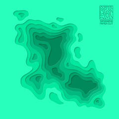 Fototapeta na wymiar Abstract smooth origami shape turquoise paper cut wavy shaped layers. Papercut color texture topographic background, curved layers and elevation contour lines vector illustration