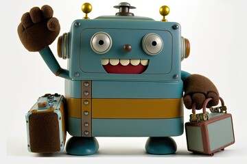 Happy vintage toy robot with satchel waving over white background. Generative AI - obrazy, fototapety, plakaty