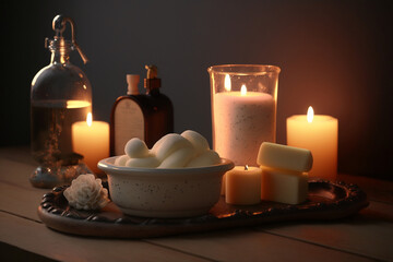 Warm peaceful mood of hot bath with bathtub , along with candles, aroma soap and oils 