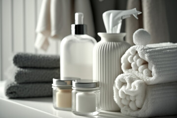 Bath products organized with simple modern minimalistic white background bathroom interior, with bottles of shampoo, conditioner and tissue boxes