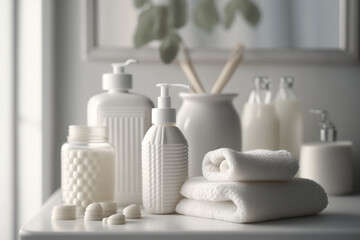 Obraz na płótnie Canvas Bath products organized with simple modern minimalistic white background bathroom interior, with bottles of shampoo, conditioner and tissue boxes