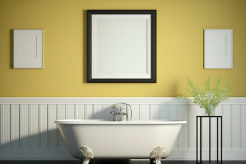 Fototapeta na wymiar Empty photo mock frame with bathtub and minimalistic surroundings with monotone colored wall