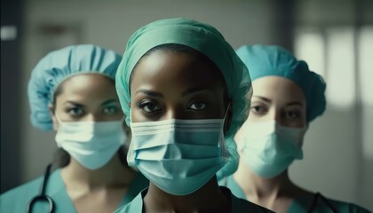 Three serious female healthcare workers wearing a protective face mask looking at the camera. Generative AI