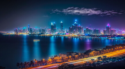 Fototapeta na wymiar A panoramic view of Qingdao skyline at night, with the city's bright lights creating a mesmerizing and colorful spectacle - Generative AI