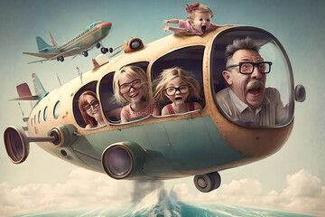 Funny cartoon of a weird family going on a vacation trip literally on top of a plane wing, or inside like a big car. Funny and sweet family love