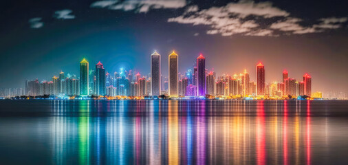 A panoramic view of Qingdao skyline at night, with the city's bright lights creating a mesmerizing and colorful spectacle - Generative AI - obrazy, fototapety, plakaty