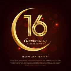 16 years anniversary with golden moon and red shiny background added with text for congratulations words