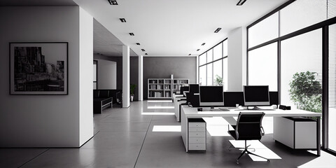 Fototapeta na wymiar Modern urban company office interior with workstations and blank white wall. Stylish and functional indoor building design for business productivity and creativity, generative AI