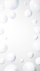 白背景に真珠のような綺麗な複数の球体。背景素材。コピースペース。（縦長）