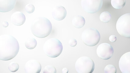 白背景に真珠のような綺麗な複数の球体。背景素材。コピースペース。（横長）