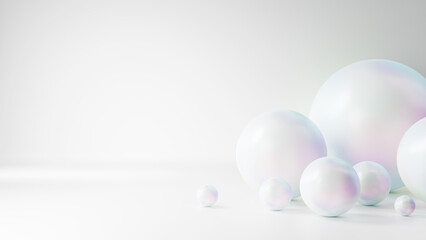 白背景に真珠のような綺麗な複数の球体。背景素材。コピースペース。（横長）