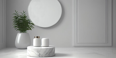 Marble tabletop with mockup space on minimalist bathroom background. Table Top for Product Display for design and decoration, generative AI