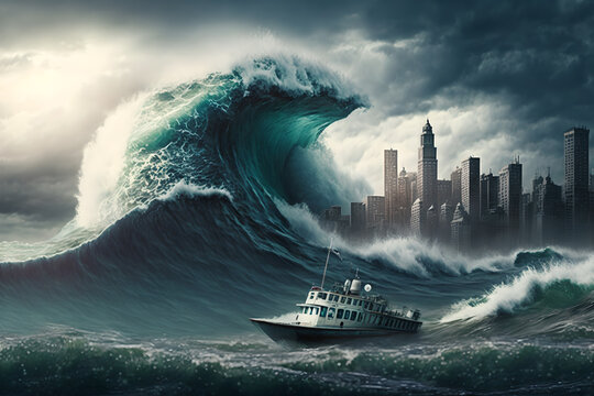 A huge ship with survivors trying to escape in very rough seas with huge waves threatening to take it down, in front of a mega city, nature goes wild due to global warming

