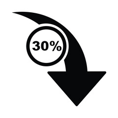 30% percent down icon, black arrow with rounded 30% percent symbol, vector illustration