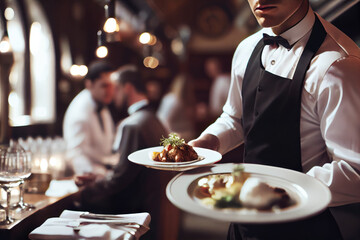 Waiter carrying plates with meat dish on some festive event, party or wedding reception restaurant. Generative AI.