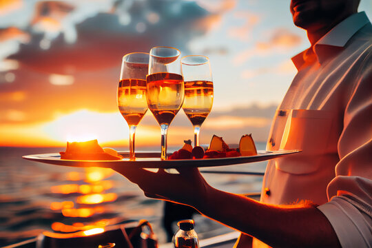 Waiter serving champagne on a tray. Summer beach sunset holiday vacation. Generative AI.