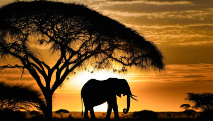 Naklejka na ściany i meble A majestic elephant silhouetted against the setting sun on the African savannah, golden hour - Generative AI