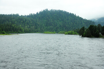 The bed of a wide river flowing down from the mountains through a dense forest under a cloudy summer sky.