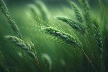 Green wheat field close up image. Generative AI