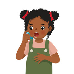 Cute little African girl using asthma inhaler nasal spray bottle to treat allergy asthma attack and breathing treatment - obrazy, fototapety, plakaty