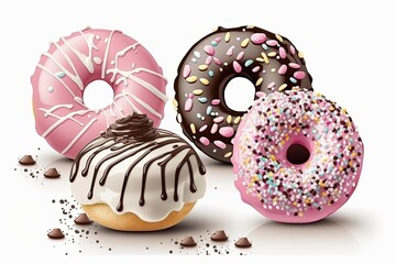 Donuts Isolated in a Set on White Different varieties of donuts are available, including ones with chocolate, pink and stripes, glaze and colored splashes, and black cookie shards. Generative AI