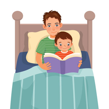 recommend clip art: Young father reading bedtime story book to his son in the bed