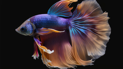Fototapeta premium 8k, realistic photo, high detailed, macro view, beautiful betta fish underwater photography isolated on black background. Generative ai