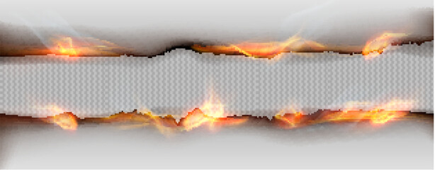 Vector realistic burning paper page edge and hole with fire. Parchment burnt effect with flame and ash.