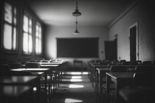 Blurred view of empty classroom. Generative AI