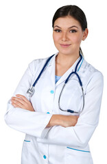 Portrait of beautiful young female doctor standing with stethoscope on a white background