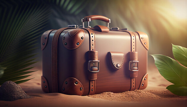 Brown vintage leather travel suitcase in the sand on a tropical beach under palm leaves. Generative AI.