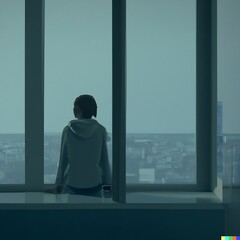 Fototapeta na wymiar Depressed person watching city from a big window .Generative AI