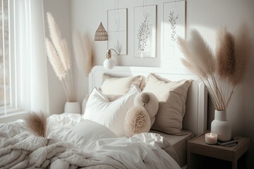 Scandinavian and Bohemian styled white bedroom with little decoration. bouquets made of pampas grass. Generative AI