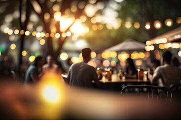 Bokeh background of Street Bar beer restaurant, outdoor in asia, People sit chill out and hang out dinner and listen to music together in Avenue, Happy life ,work hard play hard. Generative AI - obrazy, fototapety, plakaty