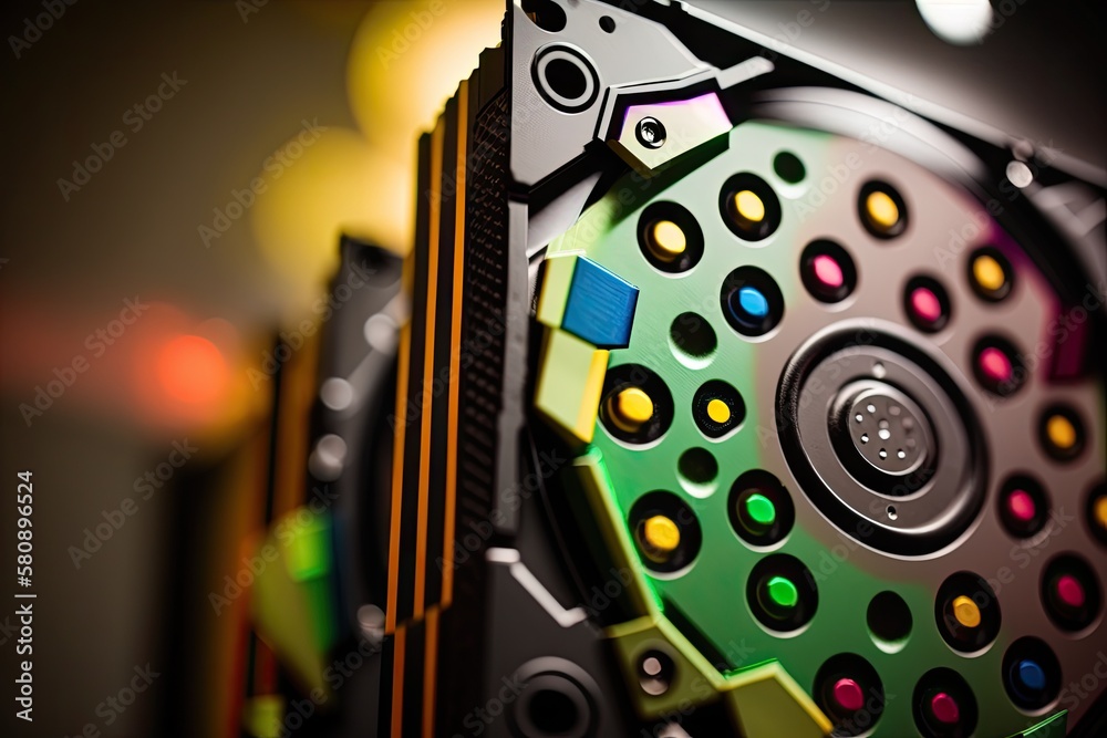 Poster a close up of a data center's hard disks. generative ai