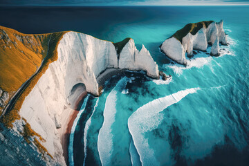 An aerial shot of the striking contrast between the deep blue sea and the white chalk cliffs of Etretat, Normandy, France - Generative AI - obrazy, fototapety, plakaty
