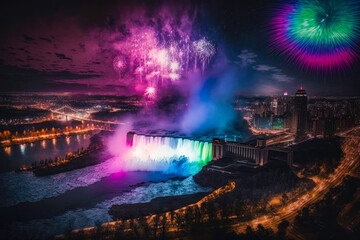 Aerial view of Niagara Falls at night, with colorful fireworks lighting up the sky in the background - Generative AI