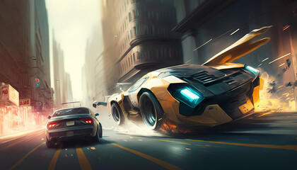 A high-speed chase through the crowded future city streets. digital art illustration. generative AI.