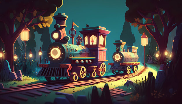 A miniature classic train set with tracks and trains. digital art illustration. generative AI.