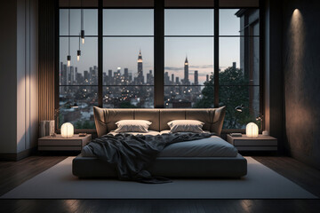 A stylish and modern bedroom with a view of a cityscape and a pillow top bed. Luxury penthouse bedroom at night. Generative AI - obrazy, fototapety, plakaty