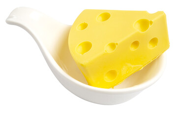 Triangular Piece of Cheese, nutritious and tasty Dutch cheese, serving on white spoon.
