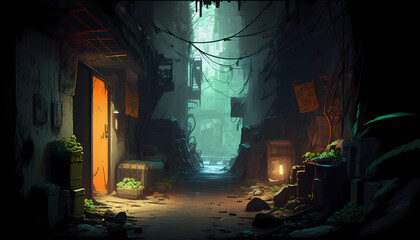 A dingy alleyway with flickering neon lights. digital art illustration. generative AI.