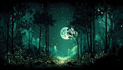 A green-tinted forest at night with fireflies and a full moon. digital art illustration. generative AI.