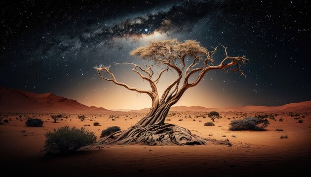 A desert scene with a tree in the foreground and the milky way in the background.