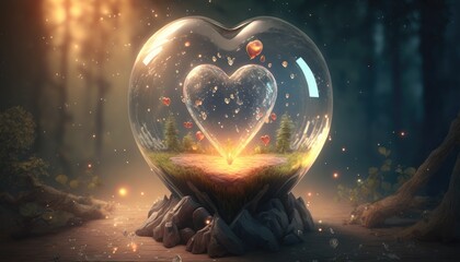 Magical shiny heart shape inside a crystal ball. Created with generative AI.