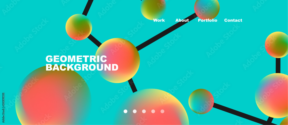 Poster line points connections geometric landing page background. fluid circles and spheres with liquid gra