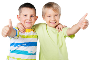 Happy schoolboys showing ok sign isolated on white background